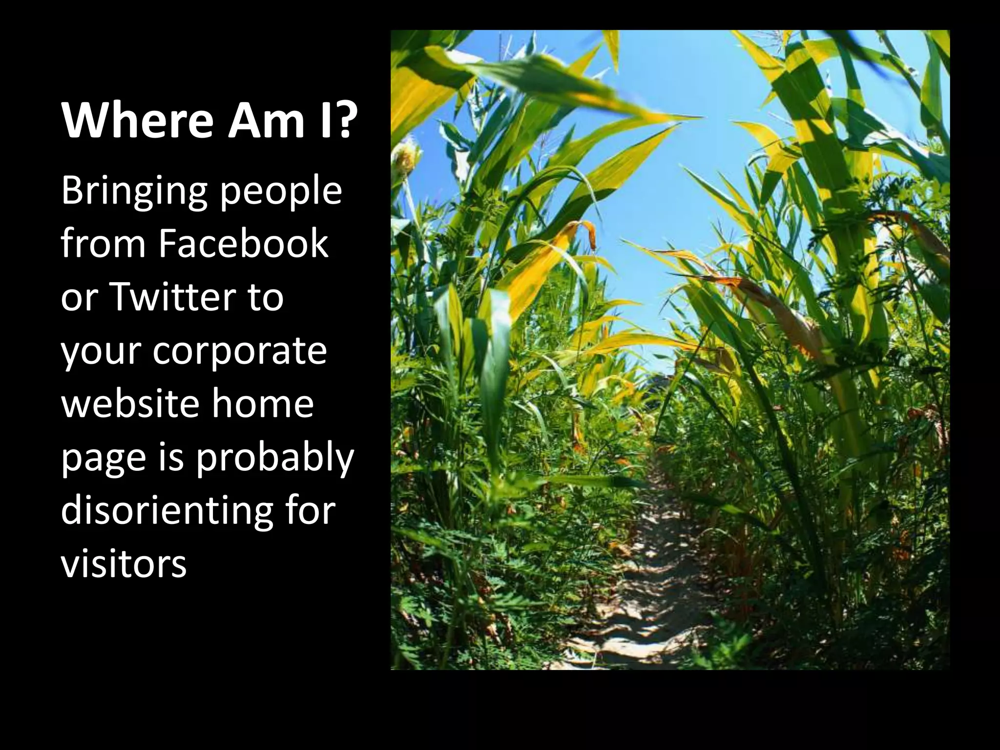 Where Am I? Bringing people from Facebook or Twitter to your corporate website home page is probably disorienting for visitors