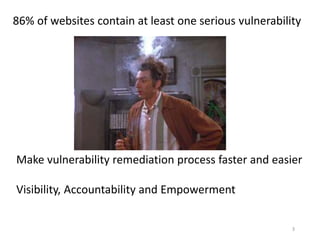3
86% of websites contain at least one serious vulnerability
Make vulnerability remediation process faster and easier
Visibility, Accountability and Empowerment
 