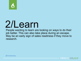 2/Learn 
People wanting to learn are looking on ways to do their 
job better. This can also take place during an escape. 
May be an early sign of sales readiness if they move to 
research. 
@msweezey 
 