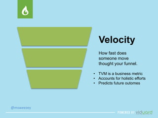 @msweezey 
Velocity 
How fast does 
someone move 
thought your funnel. 
• TVM is a business metric 
• Accounts for holistic efforts 
• Predicts future outomes 
 