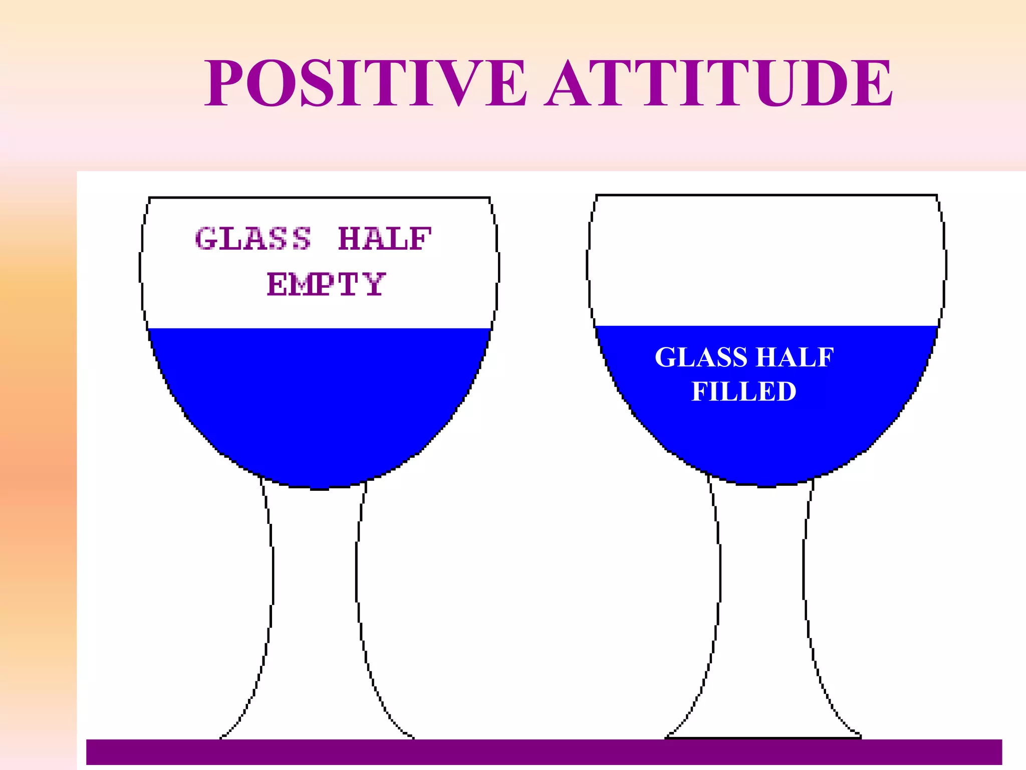 POSITIVE ATTITUDE


           GLASS HALF
             FILLED
 