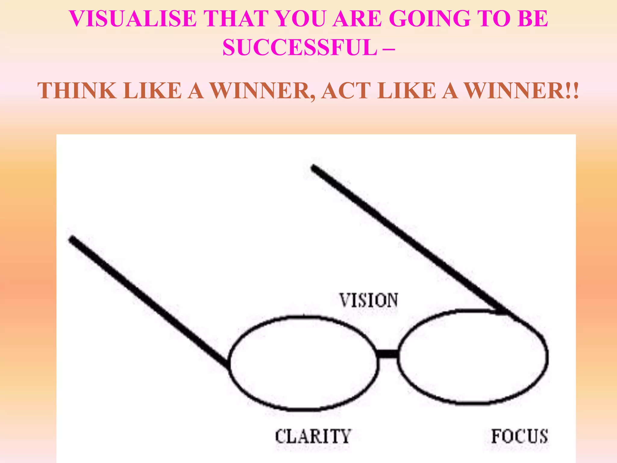 VISUALISE THAT YOU ARE GOING TO BE
             SUCCESSFUL –
THINK LIKE A WINNER, ACT LIKE A WINNER!!
 
