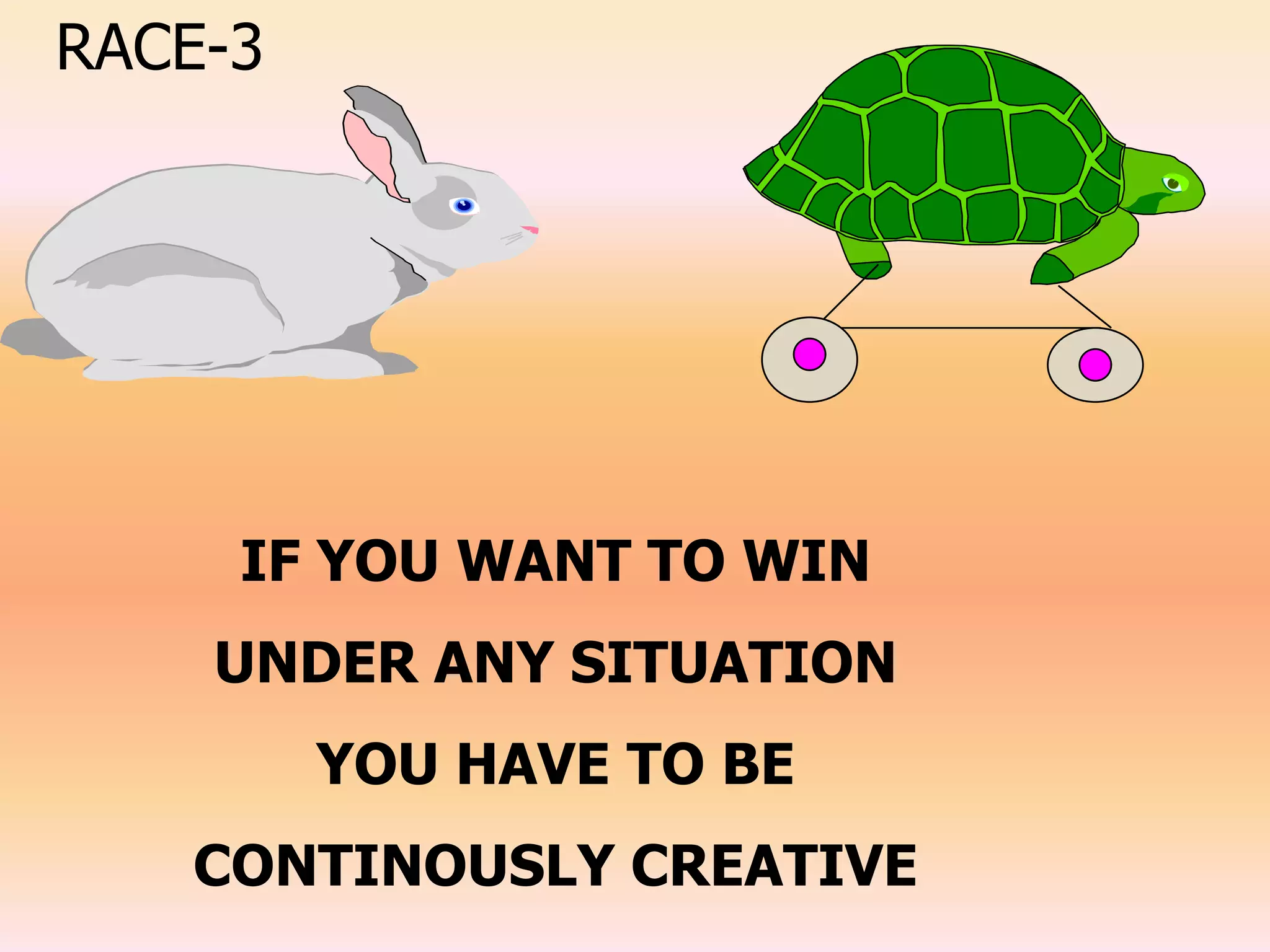 RACE-3




     IF YOU WANT TO WIN
    UNDER ANY SITUATION
         YOU HAVE TO BE
   CONTINOUSLY CREATIVE
 