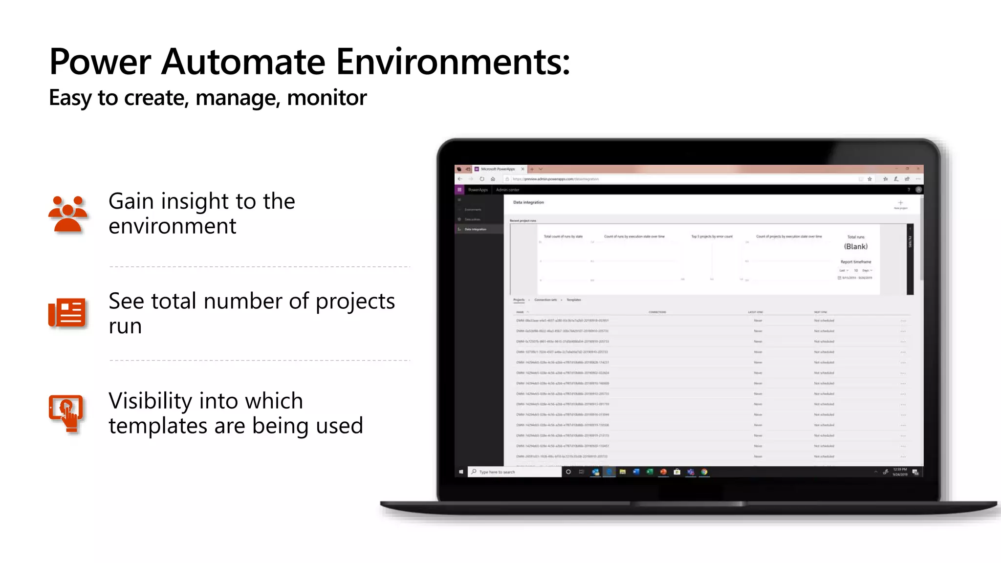 Power Automate Environments:
Easy to create, manage, monitor
Gain insight to the
environment
See total number of projects
run
Visibility into which
templates are being used
 