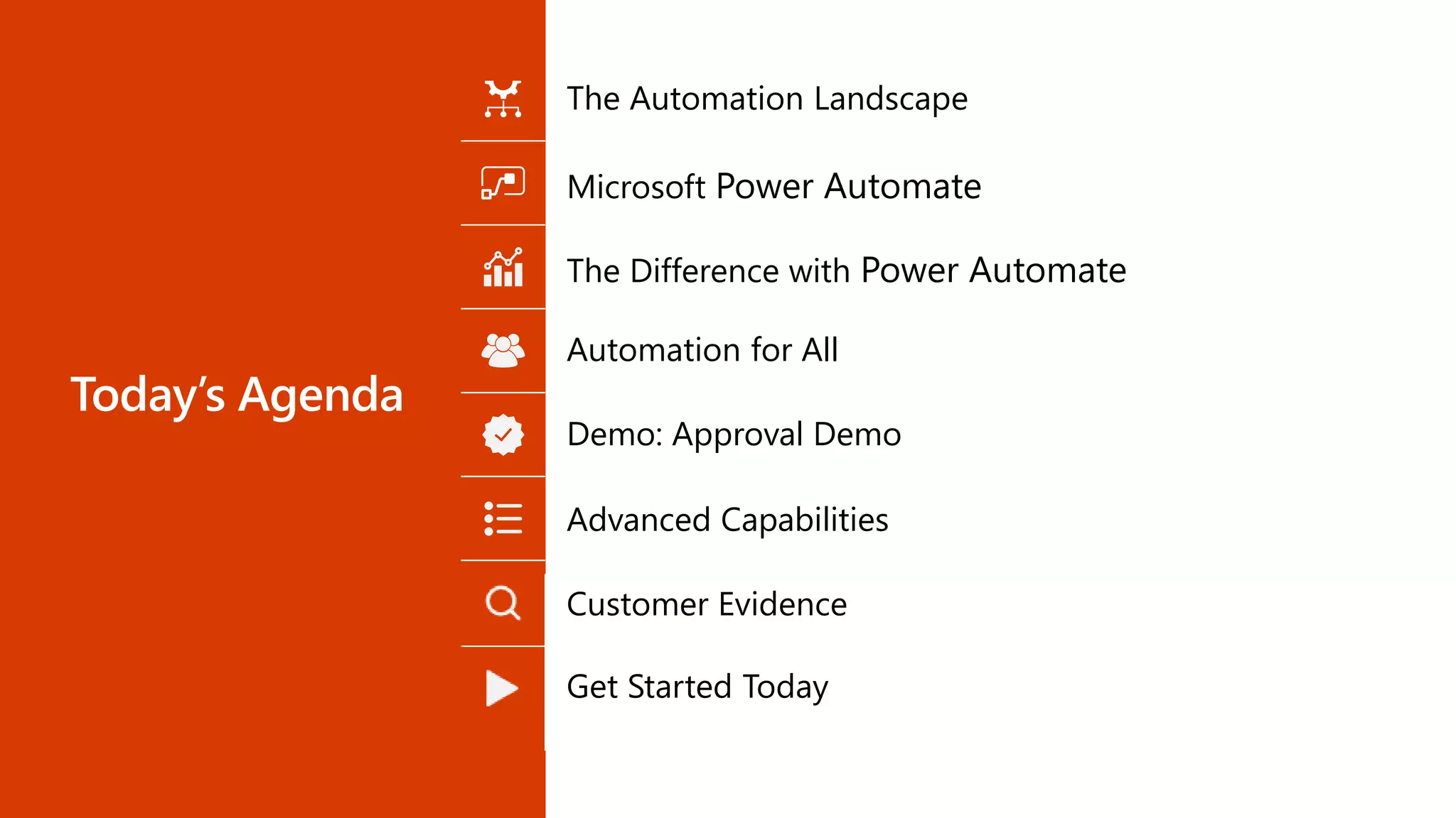 Today’s Agenda
The Automation Landscape
Microsoft Power Automate
The Difference with Power Automate
Automation for All
Demo: Approval Demo
Advanced Capabilities
Customer Evidence
Get Started Today
 