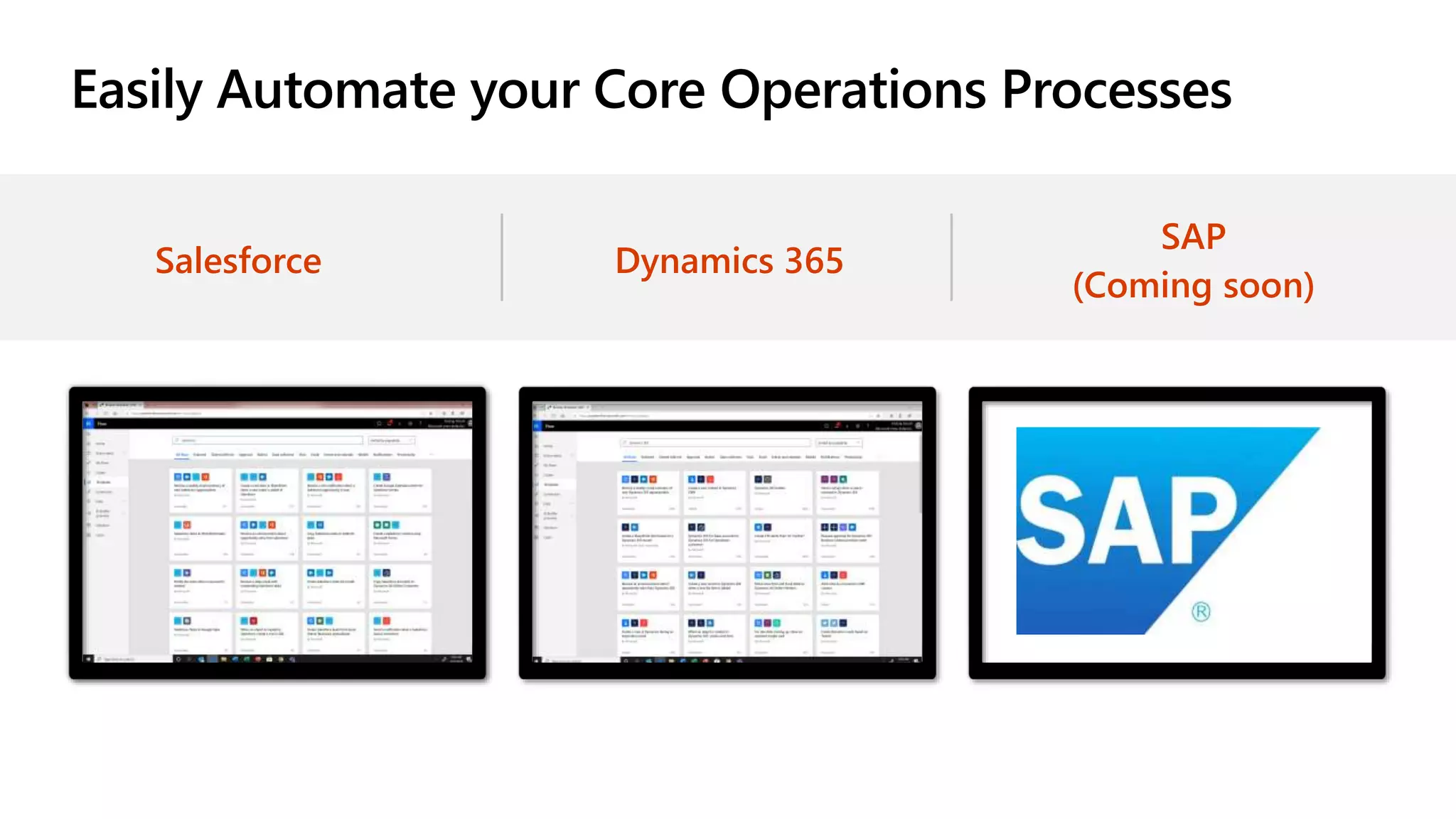 Easily Automate your Core Operations Processes
Salesforce Dynamics 365
SAP
(Coming soon)
 