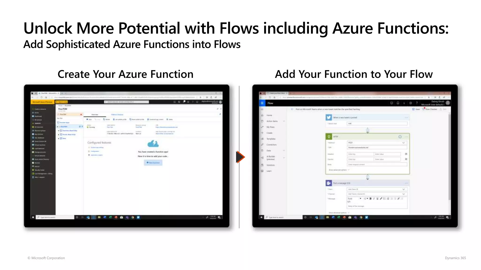 Unlock More Potential with Flows including Azure Functions:
Add Sophisticated Azure Functions into Flows
© Microsoft Corporation Dynamics 365
Create Your Azure Function Add Your Function to Your Flow
 