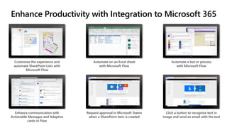 Customize the experience and
automate SharePoint Lists with
Microsoft Flow
Automate on an Excel sheet
with Microsoft Flow
Automate a bot or process
with Microsoft Flow
Enhance Productivity with Integration to Microsoft 365
Enhance communication with
Actionable Messages and Adaptive
cards in Flow
Request approval in Microsoft Teams
when a SharePoint item is created
Click a button to recognize text in
image and send an email with the text
 