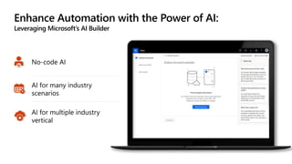Enhance Automation with the Power of AI:
Leveraging Microsoft’s AI Builder
No-code AI
AI for many industry
scenarios
AI for multiple industry
vertical
 