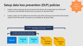 Setup data loss prevention (DLP) policies
Training
#1
Training
#2 Contoso
Europe
Dev
Test
Prod
Contoso
USA
Dev
Test
Prod
 
