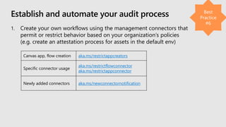 Establish and automate your audit process
Canvas app, flow creation aka.ms/restrictappcreators
Specific connector usage
aka.ms/restrictflowconnector
aka.ms/restrictappconnector
Newly added connectors aka.ms/newconnectornotification
1. Create your own workflows using the management connectors that
permit or restrict behavior based on your organization’s policies
(e.g. create an attestation process for assets in the default env)
 