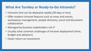 What Are Turnkey or Ready-to-Go Intranets?
• Intranets that can be deployed rapidly (30 days or less)
• Offer modern intranet features such as news and events,
workspaces management, people directory, social and document
collaboration
• Managed by business stakeholders not IT
• Usually solve common challenges of intranet deployment (time,
budget and adoption)
• Faster return on investment
 