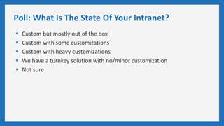 Poll: What Is The State Of Your Intranet?
 Custom but mostly out of the box
 Custom with some customizations
 Custom with heavy customizations
 We have a turnkey solution with no/minor customization
 Not sure
 