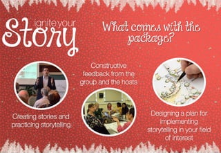 igniteyour W hat comes with the
package?
Creating stories and
practicing storytelling
Constructive
feedback from the
group and the hosts
Designing a plan for
implementing
storytelling in your field
of interest
 