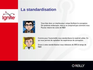 La standardisation
Vous êtes donc un interlocuteur unique facilitant la conception
De systèmes embarqués, mais je ne comprend pas comment vous
Pouvez réduire les coûts de R&D
Comme pour l’automobile nous standardisons le matériel utilisé. Ce
qui nous permet de capitaliser les expériences de conception.
Grace à cette standardisation nous réduisons de 50% le temps de
R&D
 