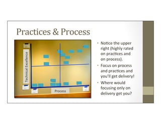 Practices	
  &	
  Process	
  	
  
•  No=ce	
  the	
  upper	
  
right	
  (highly	
  rated	
  
on	
  prac=ces	
  and	
  
on	...