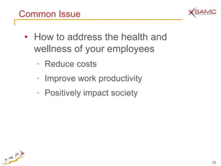 Common Issue

 • How to address the health and
   wellness of your employees
   • Reduce costs
   • Improve work productivity
   • Positively impact society




                                   39
 