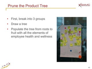 Prune the Product Tree


• First, break into 3 groups
• Draw a tree
• Populate the tree from roots to
  fruit with all the elements of
  employee health and wellness




                                    40
 