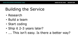 Building the Service
•   Research
•   Build a team
•   Start coding
•   Ship it 2-3 years later?
•   …. This isn’t easy. Is there a better way?
 