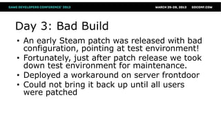 Day 3: Bad Build
• An early Steam patch was released with bad
  configuration, pointing at test environment!
• Fortunately, just after patch release we took
  down test environment for maintenance.
• Deployed a workaround on server frontdoor
• Could not bring it back up until all users
  were patched
 