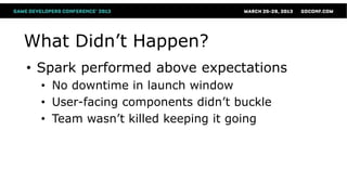 What Didn’t Happen?
• Spark performed above expectations
  • No downtime in launch window
  • User-facing components didn’t buckle
  • Team wasn’t killed keeping it going
 