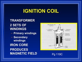 IGNITION COIL
TRANSFORMER
2 SETS OF
WINDINGS
– Primary windings
– Secondary
windings
IRON CORE
PRODUCES
MAGNETIC FIELD Pg 119C
 