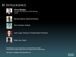 Henry Blodget
Founder, CEO & Editor-in-Chief, Business
Insider
Alex Cocotas, Analyst
Marcelo Ballvé, Editorial Director
BI Intelligence is a new subscription service from Business Insider
that provides in-depth insight, data, and analysis of the mobile industry.
More info at intelligence.businessinsider.com
Peter Lee, Intern
Josh Luger, Director of Subscription Products
 