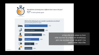 ‫העידן‬‫אנחנו‬ ‫בו‬‫מלא‬ ‫חיים‬‫במידע‬
‫שלנו‬ ‫התרבות‬ ‫על‬ ‫משפיע‬ ‫וזה‬ ‫ובטכנולוגיות‬-
‫הזמן‬ ‫את‬ ‫משקיעים‬ ‫אנחנו‬ ‫איך‬ ‫לבחון‬ ‫צריך‬
‫לחסוך‬ ‫אפשר‬ ‫וכמה‬ ‫שלנו‬.
 