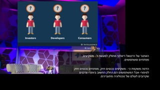 ‫ל‬ ‫למעשה‬ ‫מחולק‬ ‫ריאלטי‬ ‫וירטואל‬ ‫של‬ ‫האתגר‬:‫משקיעים‬,
‫מפתחים‬‫ומשתמשים‬.
‫כי‬ ‫משקפת‬ ‫הדטה‬:‫חזק‬ ‫נכנסים‬ ‫משקיעים‬,‫חזק‬ ‫נכנסים‬ ‫מפתחים‬
‫לסיפור‬-‫החשוב‬ ‫החלק‬ ‫הם‬ ‫המשתמשים‬ ‫אבל‬‫ביותר‬-‫צרכנים‬
‫שקרובים‬‫לעולם‬‫טכנולוגיה‬ ‫של‬‫מתעניינים‬.
 