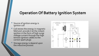 Operation Of Battery Ignition System
• Source of ignition energy is
ignition coil
• Coil stores the energy in magnetic
felid and provide it at the instant
ignition in the form of high surge
voltage current through the high
tension ignition cables to the
correct spark plugs
• Storage energy is depend upon
the inductive process
 