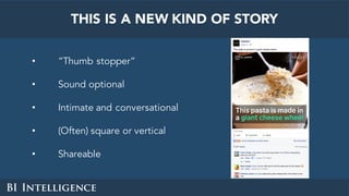 THIS IS A NEW KIND OF STORY
• “Thumb stopper”
• Sound optional
• Intimate and conversational
• (Often) square or vertical
• Shareable
 