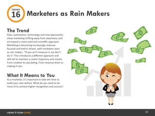 19
The Trend
Data, automation, technology and new approaches
show marketing shifting away from awareness and
art toward a more solid and scientific approach.
Marketing is becoming increasingly revenue-
focused and metric-driven, with marketers seen
as rain makers. “If you can’t measure it, we don’t
do it.” This introduces a different approach and
skill set to maintain a career trajectory and results.
From creative to calculating. From revenue drain to
making it rain.
What It Means to You
As a marketer, it’s important to take the time to
audit your own skillset. What do you need to do
more of to achieve higher recognition and success?
Marketers as Rain Makers
TREND
16
 