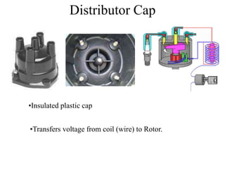 Distributor Cap
•Insulated plastic cap
•Transfers voltage from coil (wire) to Rotor.
 