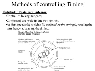 Methods of controlling Timing
Distributor Centrifugal Advance
•Controlled by engine speed.
•Consists of two weights and two springs.
•At high speeds the weights fly out(held by the springs), rotating the
cam, hence advancing the timing.
 