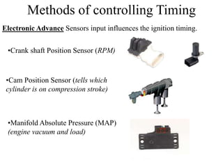 Methods of controlling Timing
Electronic Advance Sensors input influences the ignition timing.
•Crank shaft Position Sensor (RPM)
•Cam Position Sensor (tells which
cylinder is on compression stroke)
•Manifold Absolute Pressure (MAP)
(engine vacuum and load)
 