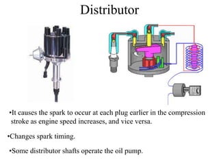 Distributor
•It causes the spark to occur at each plug earlier in the compression
stroke as engine speed increases, and vice versa.
•Changes spark timing.
•Some distributor shafts operate the oil pump.
 