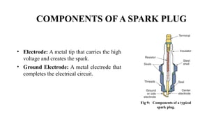 COMPONENTS OF A SPARK PLUG
• Electrode: A metal tip that carries the high
voltage and creates the spark.
• Ground Electrode: A metal electrode that
completes the electrical circuit.
Fig 9: Components of a typical
spark plug.
 