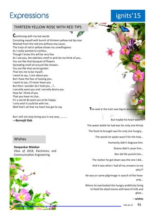 ig its 15
Wishes
THIRTEEN YELLOW ROSE WITH RED TIPS
Co i ui g ith last o ds
Co soli g self ith u h of thi tee ello ed ip ose
Washed f o the ed o e ithout a ause..
The t a e of ed i ello sho s u illi g ess
As I eall a ted to o fess..
Though I k o this ill e e fe
As I see ou, the odo less s ell i pi k let e thi k of ou..
You a e like that ou uet of lo e s
Sp eadi g s ell all a ou d like sho e ..
You a e like that se et ga de
That lets e to e self..
I a t to sa ,I a e a out ou
But I ha e the fea of loosi g ou..
I a t to sa ,I'll e e lea e ou
But the I o de do I hold ou …?..
I se etl a t ou a d I se etl desi e ou
Ho fa I thi k of ou
That ou ha e o lue..
It's a se et &I a t ou to e happ ,
I o l ish it ould e ith e..
Well that's all that hea t has got to sa
But I ill ot stop lo i g ou i a a ………….
—Bor ojit De
The seat i the t ai as ig to a o odate
e...
But a e his hea t as 't.
The ate otle he had as fo o l o e thi st
The food he ought as fo o l o e hu g …
The o ds he spoke as 't fo the hol ...
Hu a it did t disg a e hi .
Sha e did t o e hi …
No did life pu ish hi ...
The staio he got do as the o e I did...
A d it as he i had all a s e s to
h ??
He as o so e pilg i age i sea h of the hea -
e l ...
Whe e he o e looked the hu g a dthi st li i g
to feed the dead sto es ith est of ilk a d
ghee…
— ishes
Deepa kar Malakar
Class of , Ele t o i s a d
Co u i aio E gi ee i g
its.a .i 1
 