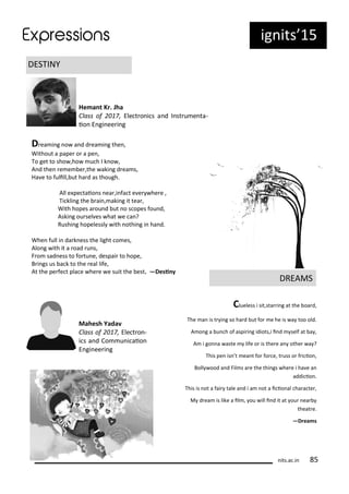 ig its 15
DESTINY
He a t Kr. Jha
Class of , Ele t o i s a d I st u e ta-
io E gi ee i g
D ea i g o a d d ea i g the ,
Without a pape o a pe ,
To get to sho ,ho u h I k o ,
A d the e e e ,the aki g d ea s,
Ha e to fulill, ut ha d as though.
All e pe taio s ea ,i fa t e e he e ,
Ti kli g the ai , aki g it tea ,
With hopes a ou d ut o s opes fou d,
Aski g ou sel es hat e a ?
Rushi g hopelessl ith othi g i ha d.
Whe full i da k ess the light o es,
Alo g ith it a oad u s,
F o sad ess to fo tu e, despai to hope,
B i gs us a k to the eal life,
At the pe fe t pla e he e e suit the est. —Desi y
Clueless i sit,sta i g at the oa d,
The a is t i g so ha d ut fo e he is a too old.
A o g a u h of aspi i g idiots,i i d self at a ,
A i go a aste life o is the e a othe a ?
This pe is t ea t fo fo e, t uss o f i io ,
Boll ood a d Fil s a e the thi gs he e i ha e a
addi io .
This is ot a fai tale a d i a ot a i io al ha a te ,
M d ea is like a il , ou ill i d it at ou ea
theat e.
—Drea s
DREAMS
Mahesh Yada
Class of , Ele t o -
i s a d Co u i aio
E gi ee i g
its.a .i 5
 