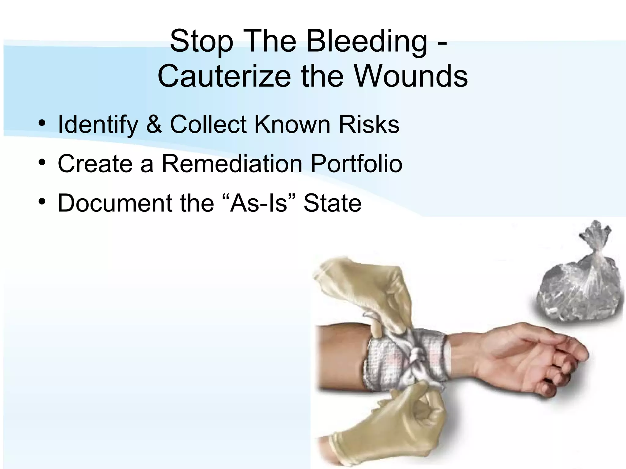 Stop The Bleeding -  Cauterize the Wounds Identify & Collect Known Risks Create a Remediation Portfolio Document the “As-Is” State 