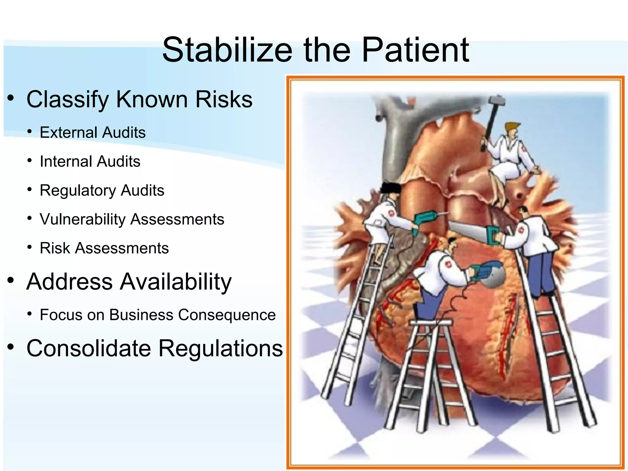 Stabilize the Patient Classify Known Risks  External Audits Internal Audits Regulatory Audits Vulnerability Assessments Risk Assessments Address Availability Focus on Business Consequence Consolidate Regulations 