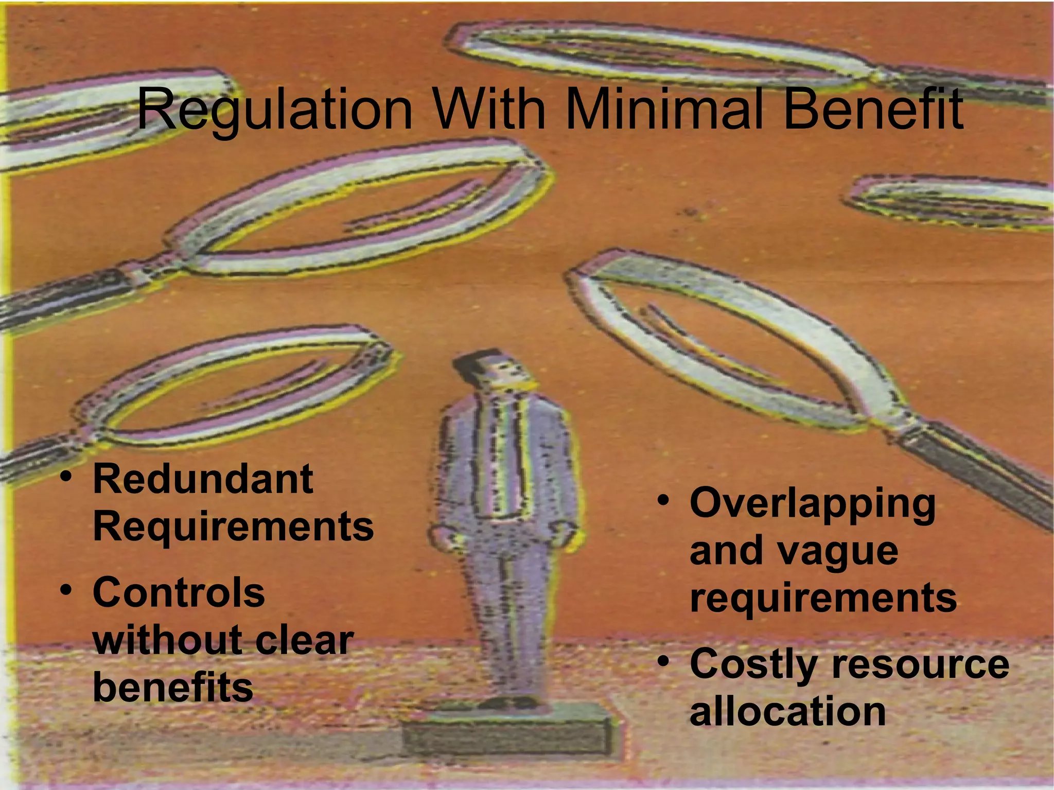 Regulation With Minimal Benefit Redundant Requirements Controls without clear benefits Overlapping and vague requirements Costly resource allocation 