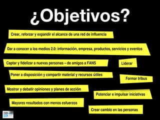 ¿Objetivos?
  Crear, reforzar y expandir el alcance de una red de influencia


Dar a conocer a los medios 2.0: información, empresa, productos, servicios y eventos


Captar y fidelizar a nuevas personas – de amigos a FANS                   Liderar

  Poner a disposición y compartir material y recursos útiles
                                                                             Formar tribus

Mostrar y debatir opiniones y planes de acción
                                                          Potenciar e impulsar iniciativas

   Mayores resultados con menos esfuerzos
                                                     Crear cambio en las personas
 