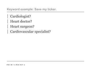 Keyword example: Save my ticker. Cardiologist? Heart doctor?Heart surgeon?Cardiovascular specialist?39