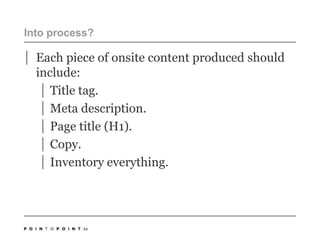 Into process? Each piece of onsite content produced should include:Title tag.Meta description.Page title (H1).Copy.Inventory everything. 54