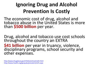 Ignoring Drug and Alcohol Prevention Is Costly The economic cost of drug, alcohol and tobacco abuse in the United States is more than  $500 billion  per year.  Drug, alcohol and tobacco use cost schools throughout the country an EXTRA  $41 billion   per year in truancy, violence, disciplinary programs, school security and other expenses. http://www.drugabuse.gov/Infofacts/treatmeth.html http://www.health.org/govpubs/prevalert/v5/5.aspx 