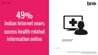 49%
Indian Internet users
access health related
information online
http://www.thehealthsite.com/news/close-to-50-internet-users-access-
health-related-information-online/
brim.co.in
 