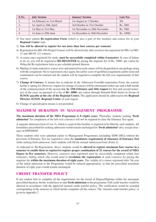 15
S.No. July Session January Session Late Fee
1. 1st February to 31st March 1st August to 1 October Nil
2. 1st April to 30th April 3rd October to 31st October Rs. 200/-
3. 1st May to 31st May 1st November to 30th November Rs. 500/-
4. 1st June to 20th June 1st December to 20th December Rs. 1000/-
2) You must submit Re-registration Form (which is also a part of this booklet) and course fee at your
Regional Centre only.
3) You will be allowed to register for not more than four courses per semester.
4) Registration for MS-100 (Project Course) will be allowed only after you have has registered for MS-1 to MS-
11 and MS-95 (12 courses).
5) A course once registered for study, must be successfully completed within 4 semesters. In case of failure
to do so, you will be required to RE-REGISTER by paying the requisite fee of Rs. 1000/- per course by
filling the Re-registration form as per schedule printed thereon.
6) Mailing of study material is course-wise and material for each course will be despatched in one package along
with the assignment. On re-registration once again, the earlier score of qualified assignments and/or term-end
examination can be retained and the student will be required to complete the left over requirements of that
course.
7) Change of Courses: A learner has to indicate in the Admission Forrn/Re-registration Form, the courses
he/she is opting for. However, request for change of courses will be entertained within one-and-a-half month
of the commencement of the session (i.e. by 15th February and 16th August for first and second semes-
ters of the year) on payment of a fee of Rs. 1000/- per course through Demand Draft drawn in favour of
IGNOU payable at the city of the Regional Centre. The application should be addressed to the Regional
Director, IGNOU Regional Centre of your region.
8) Change of specialisation stream is not permitted.
MAXIMUM DURATION IN MANAGEMENT PROGRAMME
The maximum duration of the MBA Programme is 8 (eight) years. Thereafter, students seeking ‘fresh
admission’ for completion of the left over course(s) will not be required to clear the Entrance Test again.
A separate admission form (Form 3), which is a part of this booklet, is required to be filled by such students. All
formalities prescribed for seeking admission would remain unchanged for ‘fresh admission’ also, except clear-
ance of OPENMAT.
Those students who were admitted earlier to Management Programmes [including SDM (DE)] without the
provision of Entrance Test are required to clear the mandatory requirement of clearance of Entrance Test
while seeking fresh admission. Such students will fill the normal Admission Form (Form 2).
As indicated in ‘Re-Registration’ above, students would be allowed to register maximum four courses in a
semester to enable them to register/re-register proper combination of 21 courses for the award of MBA
Degree in five semesters. However, course(s) once registered must be successfully completed within four
semesters, failing which s/he would need to revalidate the registration of such course(s) by paying the
requisite fee within the maximum duration of eight years. The validity of a course registered after 7th year
of the initial admission to the Programme would be reduced appropriately, so that the prescribed maximum
duration of eight years would remain unchanged.
CREDIT TRANSFER POLICY
If any student fails to complete all the requirements for the award of Degree/Diploma within the maximum
prescribed duration, he/she would have to take fresh admission in the programme. Full credit transfer would be
allowed in accordance with the approved internal credit transfer policy. The certification would be awarded
corresponding to the semester in which he/she completes all the courses. The ‘internal credit transfer policy’ is
given in Appendix 7.
 