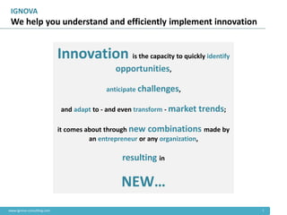 IGNOVA
 We help you understand and efficiently implement innovation


                            Innovation is the capacity to quickly identify
                                            opportunities,

                                         anticipate challenges,

                            and adapt to - and even transform - market trends;

                            it comes about through new combinations made by
                                      an entrepreneur or any organization,

                                              resulting in

                                              NEW…
www.ignova-consulting.com                                                        1
 