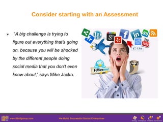 Consider starting with an Assessment


   “A big challenge is trying to
    figure out everything that’s going
    on, because you will be shocked
    by the different people doing
    social media that you don’t even
    know about,” says Mike Jacka.
 